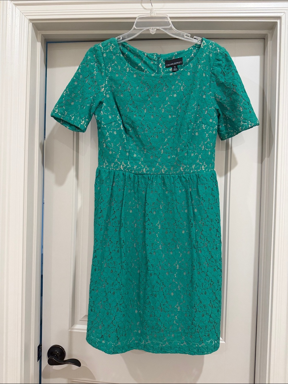 Cynthia Rowley Teal Lace Short-Sleeve Mini Dress with Gold Underlay